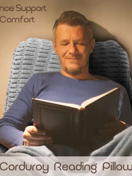 Man reading a book on a chair with a Corduroy Reading Pillow, text 'Balance Support and Comfort' and 'Corduroy Reading Pillow' displayed.