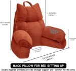 Brown back pillow for bed with dimensions labeled on a white background