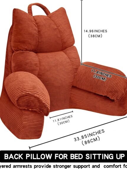 Brown back pillow for bed with dimensions labeled on a white background