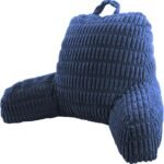 A blue corduroy lumbar pillow with a loop handle, shown on a plain white background.