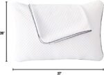 White contoured pillow with a diamond quilted texture and black piping, shown with dimension lines indicating 20 inches in height and 27 inches in width.