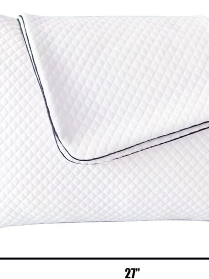 White contoured pillow with a diamond quilted texture and black piping, shown with dimension lines indicating 20 inches in height and 27 inches in width.
