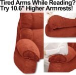 A collage showing an orange-brown corduroy armrest cushion in three close-up views, with one inset showing a person's arm resting on it. Large text at the top reads, 'Tired Arms While Reading? Try 10.