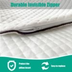 Close-up of a quilted white pillow cover or mattress protector with an invisible zipper, shown with marketing text reading 'Durable Invisible Zipper' and feature icons for protecting the pillow insert and being easy to replace.