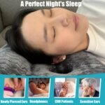 A reclining woman with eyes closed rests on a gray textured neck pillow, with the text 'A Perfect Night's Sleep' at the top and four small usage/demo panels along the bottom showing people with pierced ears, headphones, CNH patients, and sensitive ears.