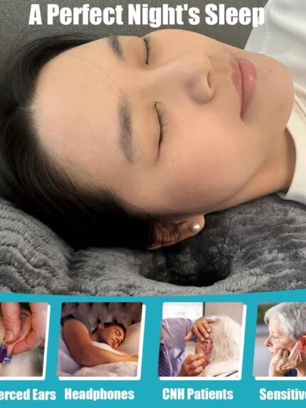 A reclining woman with eyes closed rests on a gray textured neck pillow, with the text 'A Perfect Night's Sleep' at the top and four small usage/demo panels along the bottom showing people with pierced ears, headphones, CNH patients, and sensitive ears.