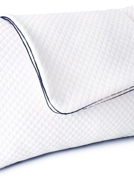 A white contoured pillow with a diamond-quilted texture and dark blue piping along the edges, shown on a plain white background.