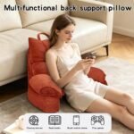 A woman sits on a beige sofa in a living room, leaning against a rust-orange corduroy back support pillow. The image includes text overlays reading 'Multifunctional back support pillow' and a feature summary at the bottom showing uses like watching movies, reading books, using a phone, and playing games.